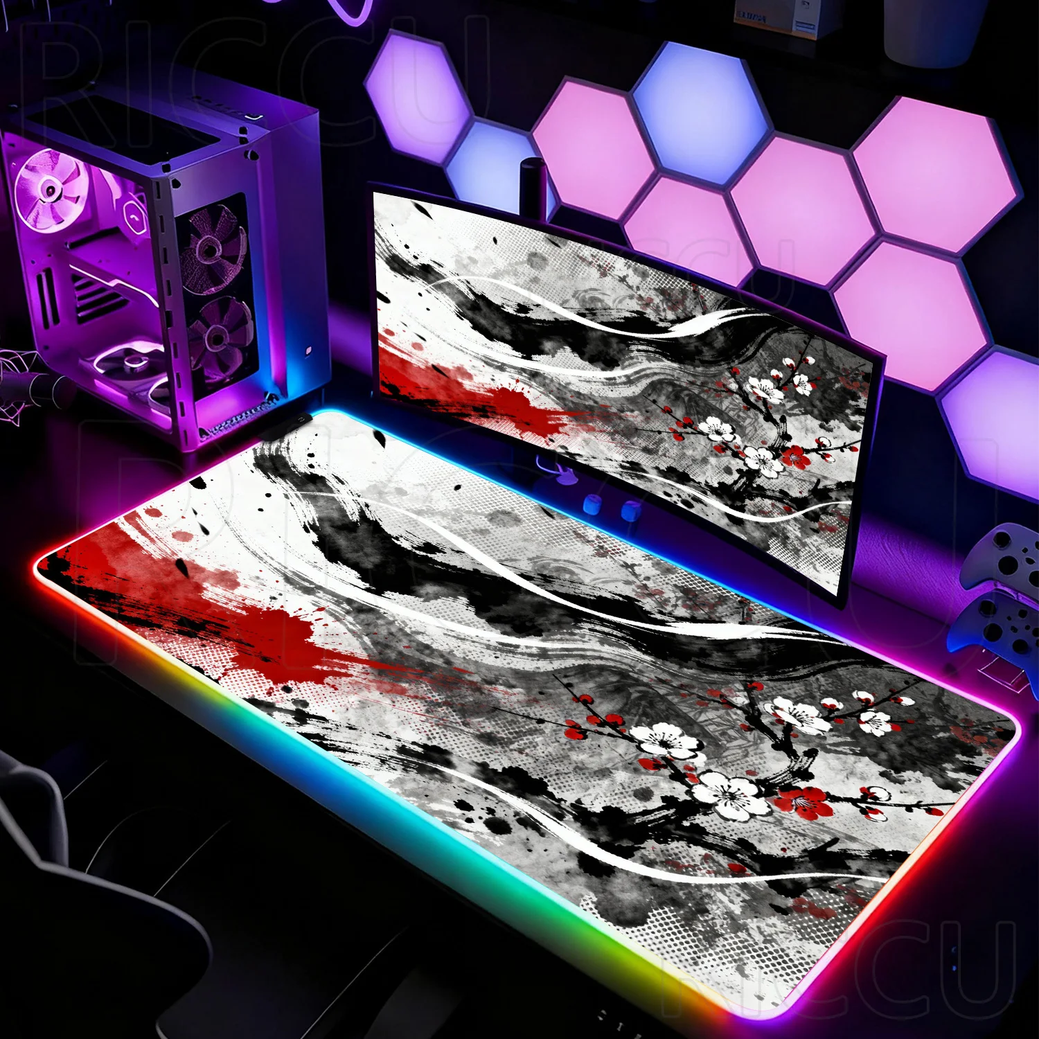 

RGB Japanese style Mouse Pad Desk Mat ink-wash art 900X400MM Mousepad with Stitched Edges Rubber keypad Extended LED gaming mat