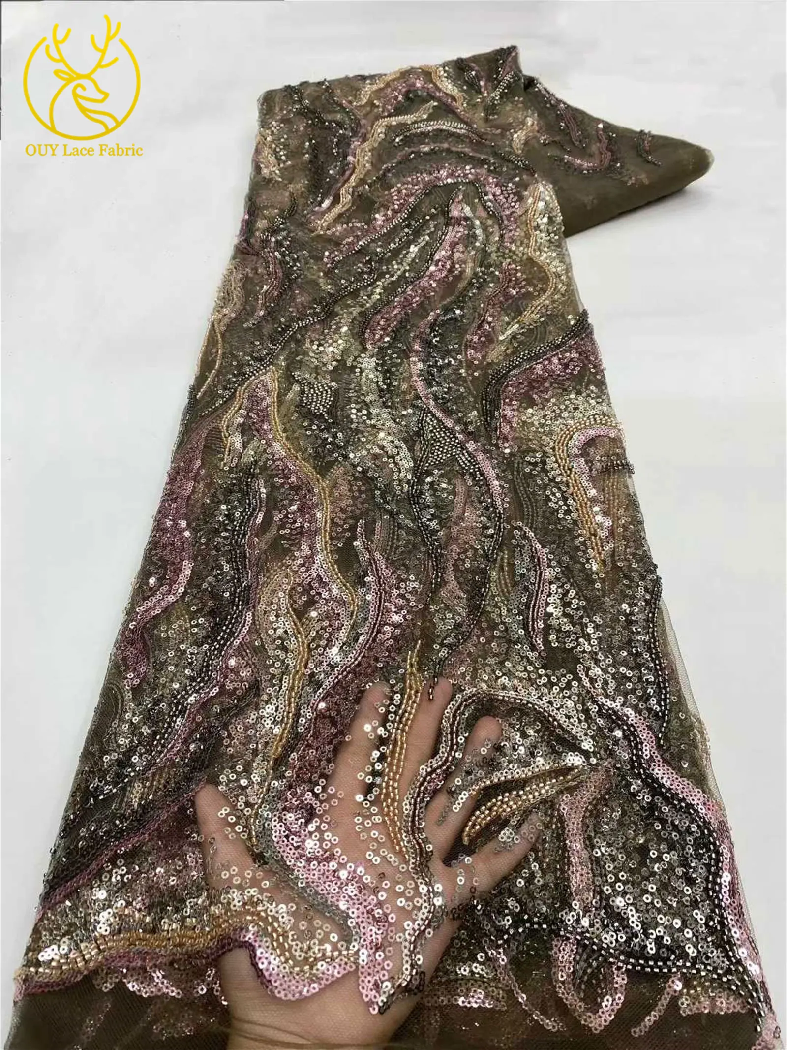 Luxuriöser nigerianischer Brautkleid-Stickerei-Perlen-Spitzenstoff 2026 – Hochwertiger afrikanischer Tüll mit Pailletten für Damen-Abendkleider zum Nähen – Detail 19