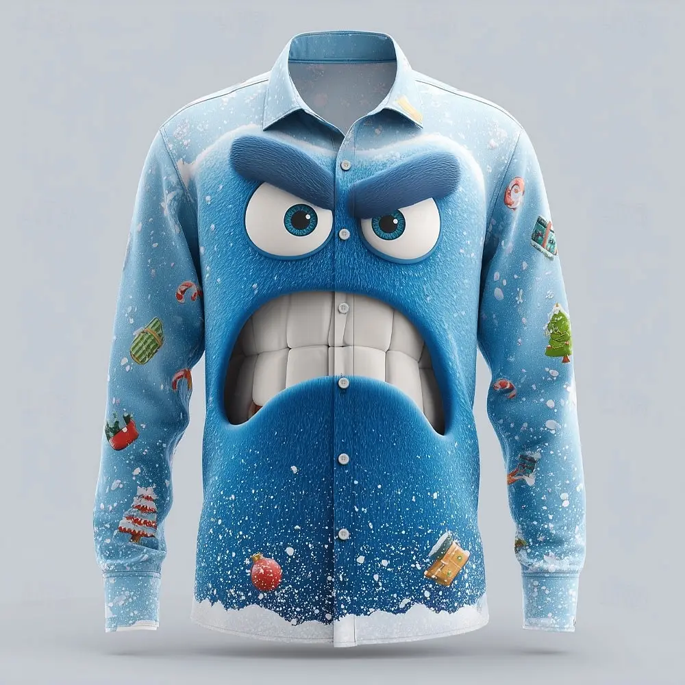 

3D Funny Expression Print Men's Women's Shirts Snowflake Pattern Long Sleeve Turn-Down Collar Shirt Autumn Winter Festival Tops
