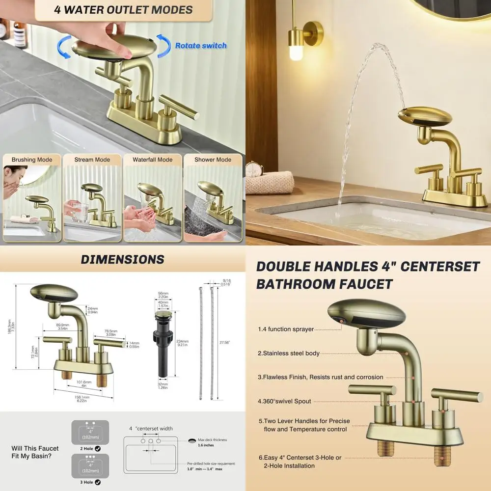 

4 Centerset 3-Hole Brushed Gold Bathroom Faucet with 4 Modes, 360° Swivel Spout and Pop-Up Drain