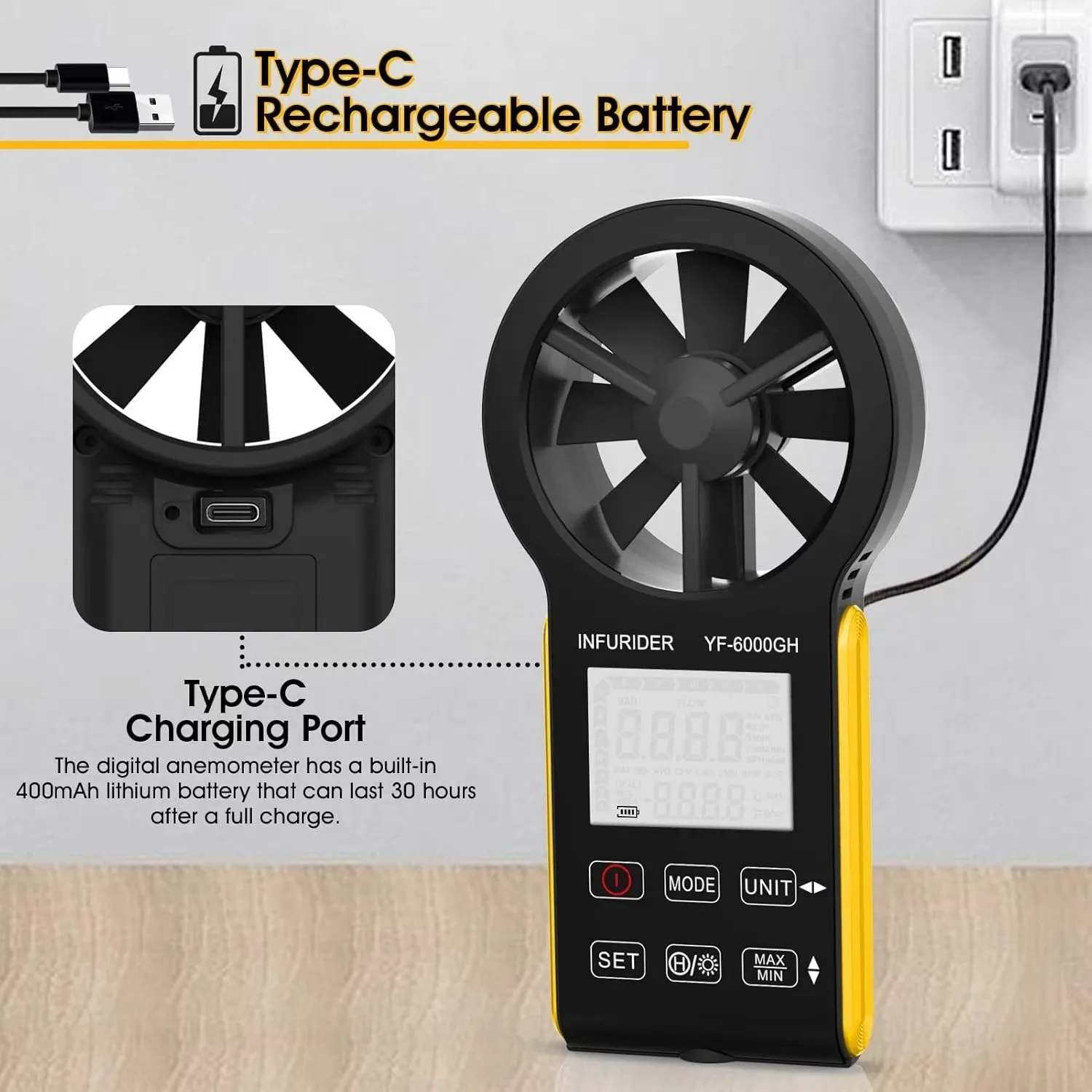 مقياس شدة الريح القابل لإعادة الشحن، مقياس سرعة الرياح الرقمي الذكي الذي يعمل باللمس، مقياس سرعة الرياح CFM المحمول لقياس تدفق الهواء