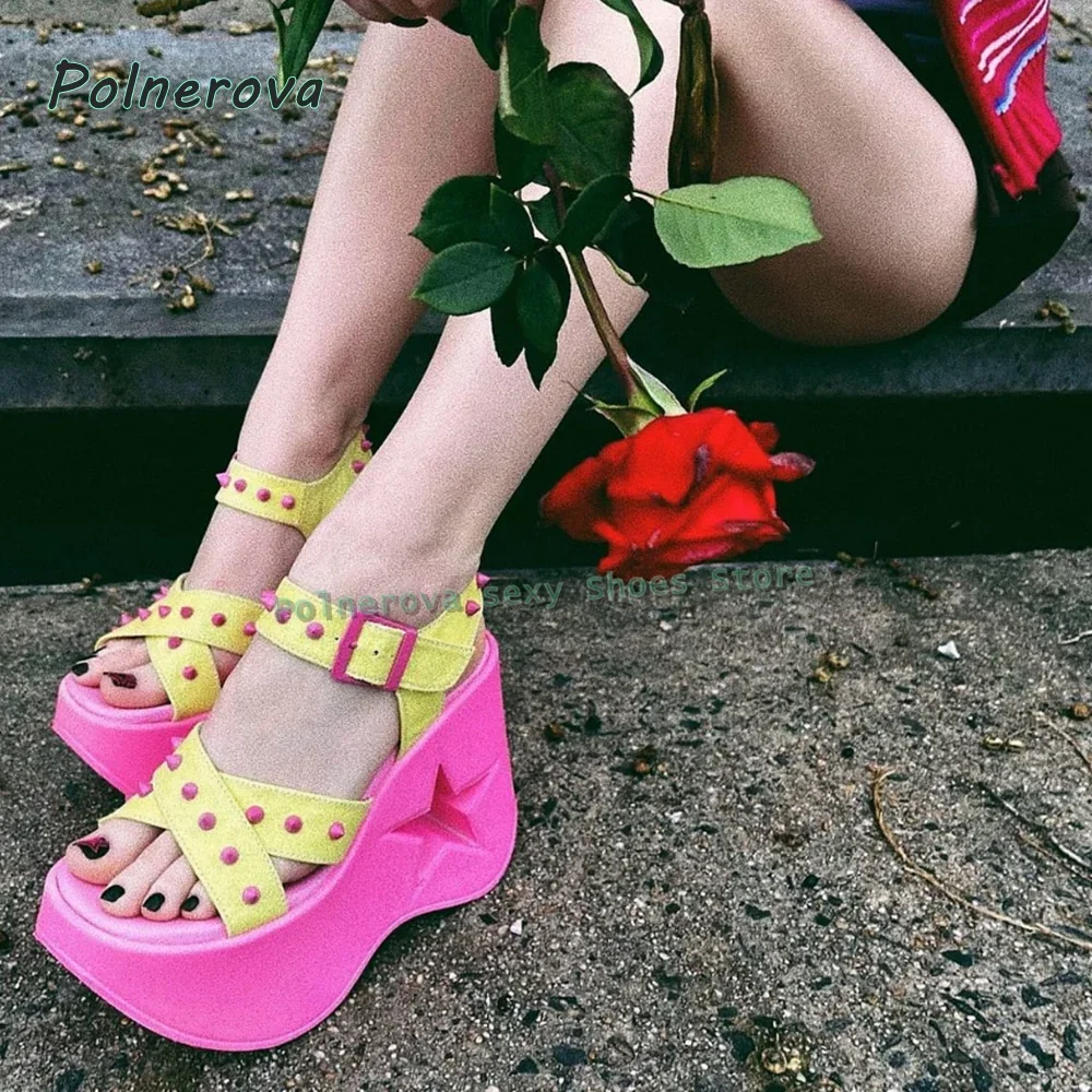 Sandalias De Moda Con Tacón Calado, Punta Redonda, Plataforma Y Hebilla Con Remaches, Colores Mezclados, Zapatos Casuales De Vestir, Novedades De Verano 2026 — -47%, 106.51€ Coupon, from 115.39€ – 47% descuento – €115.39