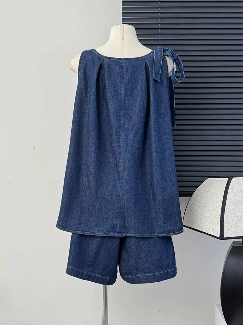 O Neck Bandage Bowknot Vest Denim Top Shirt Suit+high Waist Wide Leg Loose Shorts Outfits Y2k Vintage Summer Set Women 2 Pieces