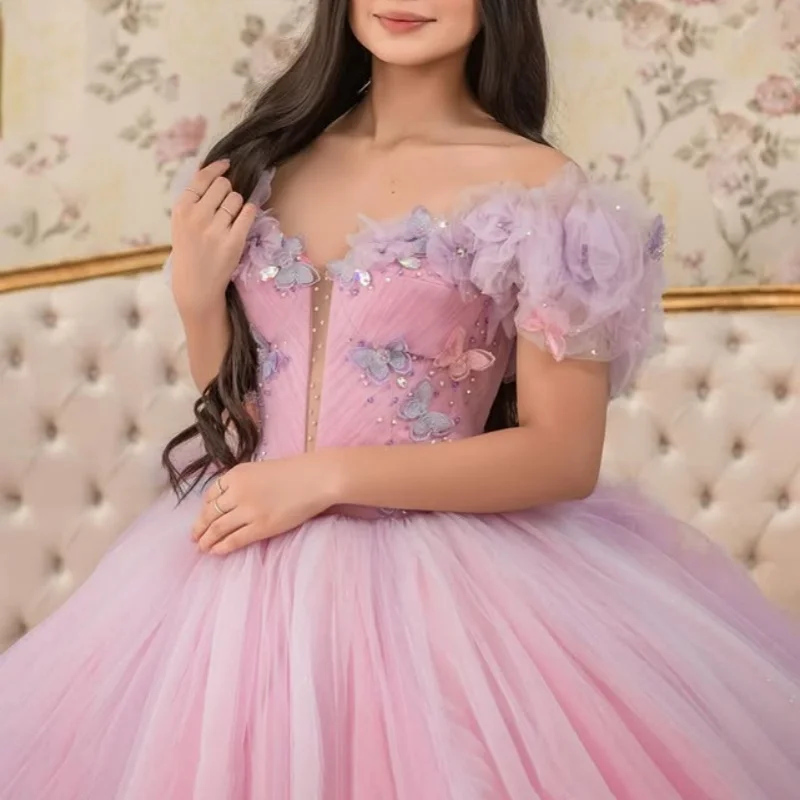 

Pink Quinceanera Dress applique Tull Ball Gown Lace decal Long tail 3D flower vestidos de 15 quinceañera Customized