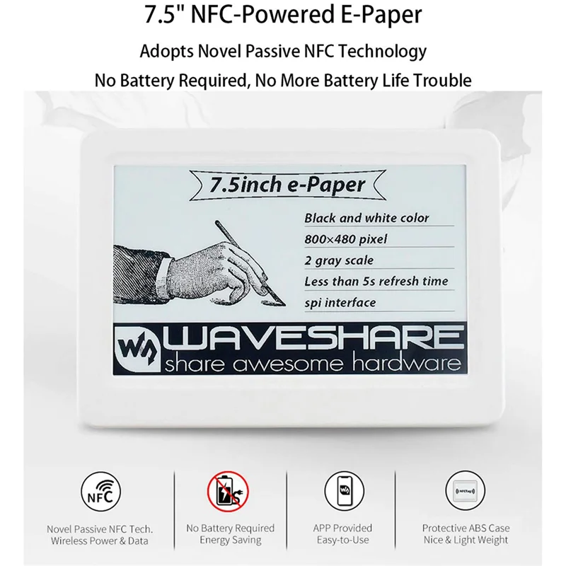 Waveshare 7.5 Inch 800X480 NFC-Powered Wireless E Paper Epaper E-Ink E-Paper Display Screen Module for Mobile Android IOS APP