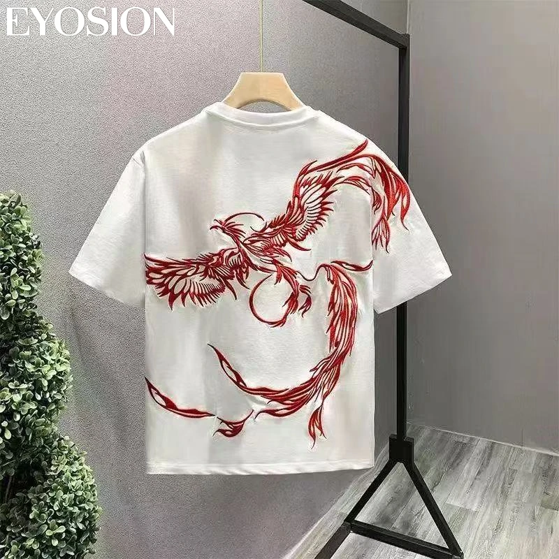 China-Chic Style Phoenix Embroidered Short Sleeve T-Shirt Men's Summer New Casual Slim Fit Versatile Half Sleeve Base Layer Tee