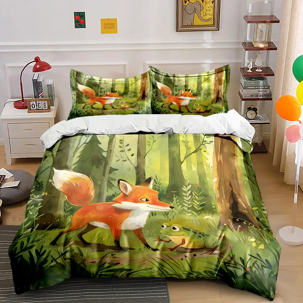 Fox and Frog's Forest Encounter Pattern Duvet Cover Set Digital Print Colorful Polyester Bedding with Zipper Closur for gifts
