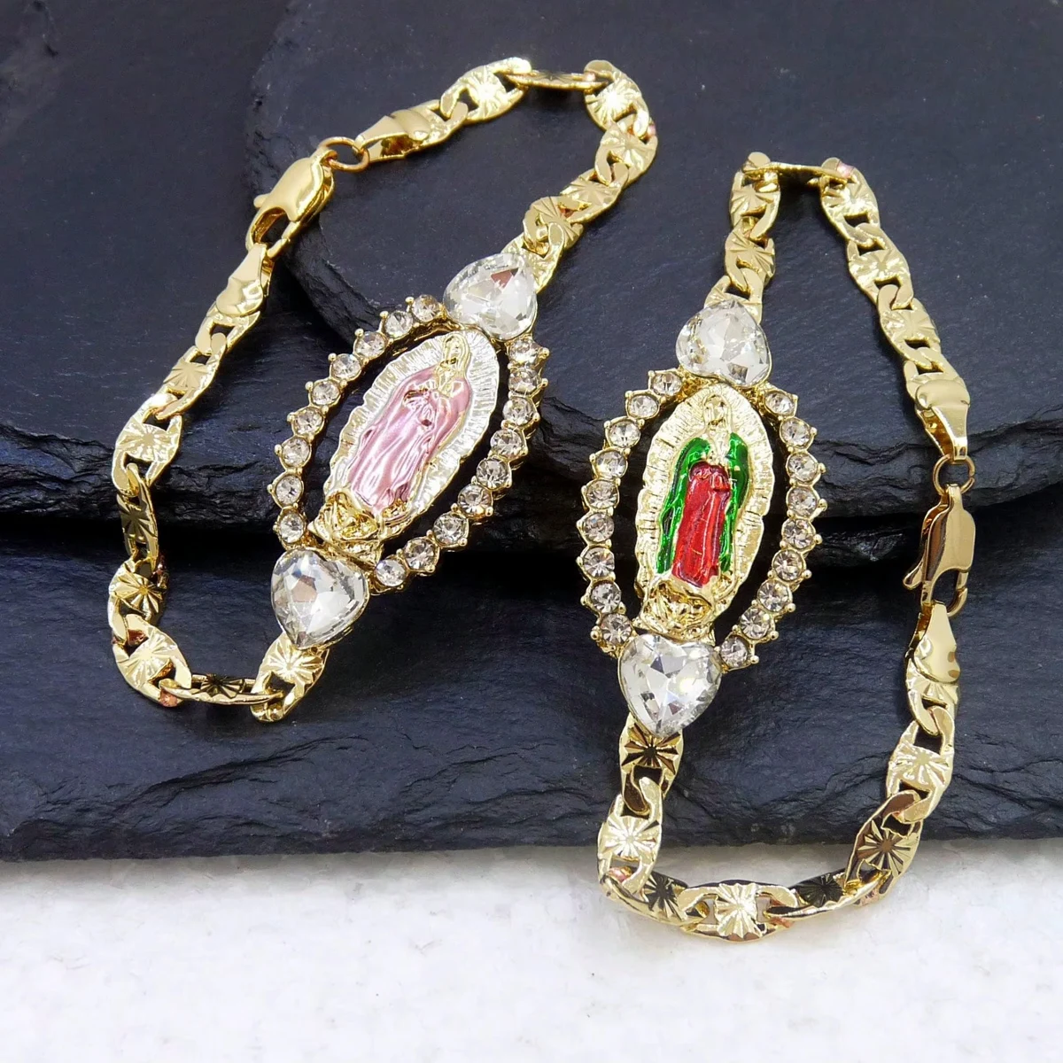1 pieza corazón circón chapado en oro Virgen María MaMa St. Jude St Judas pulsera religiosa de moda para mujer longitud 7 pulgadas
