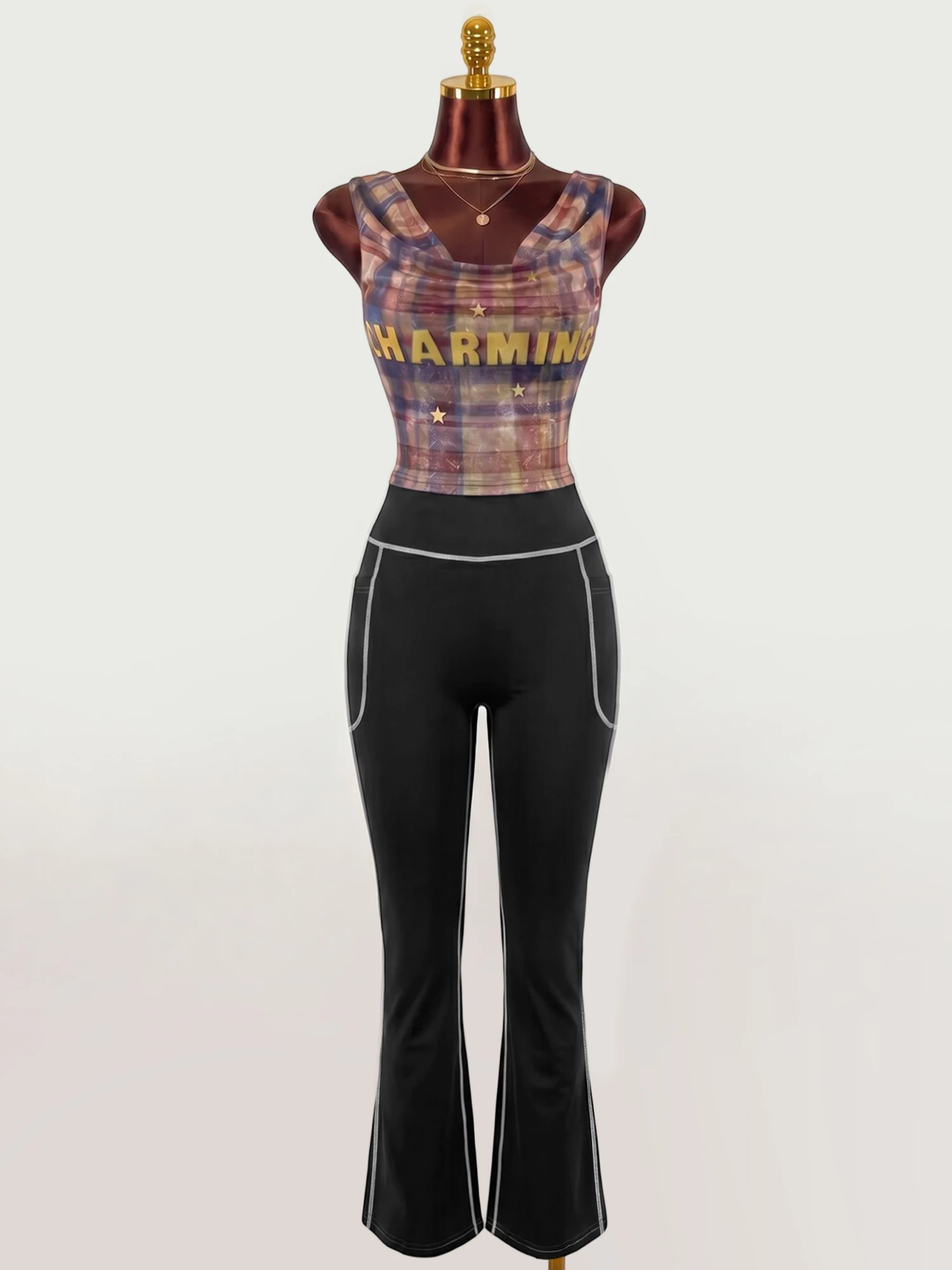 Vintage Contrast Stitch Bootcut Pants Women Daily Streetwear High Rise Pocket Flared Jeans Style Pants