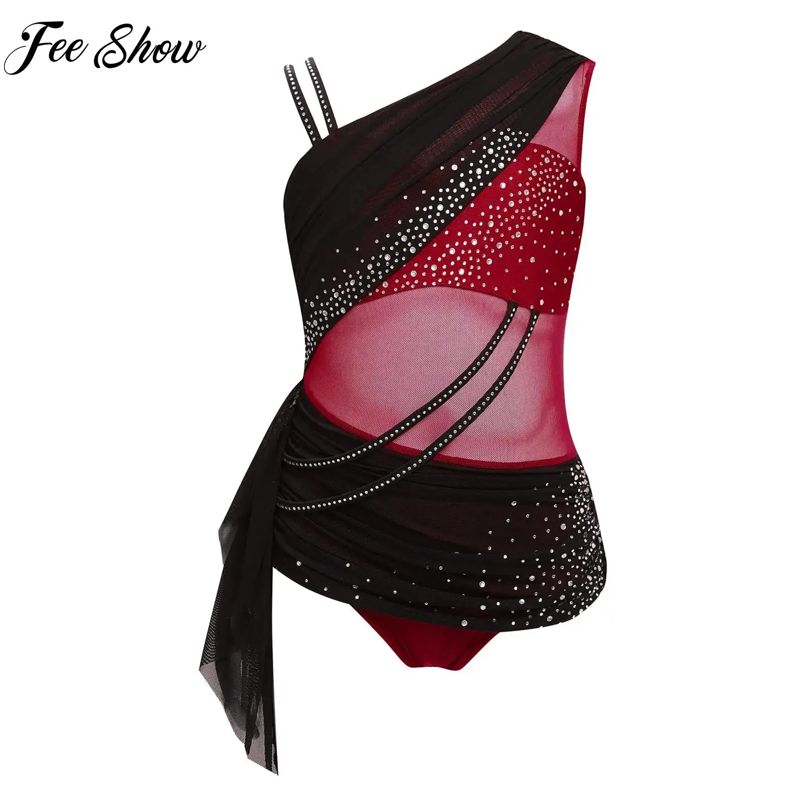 

Girls Sheer Mesh Ruched Overlay Asymmetrical Shiny Rhinestones Ballet Lyrical Modern Dress Gymnastics Figure Skating Dancewear