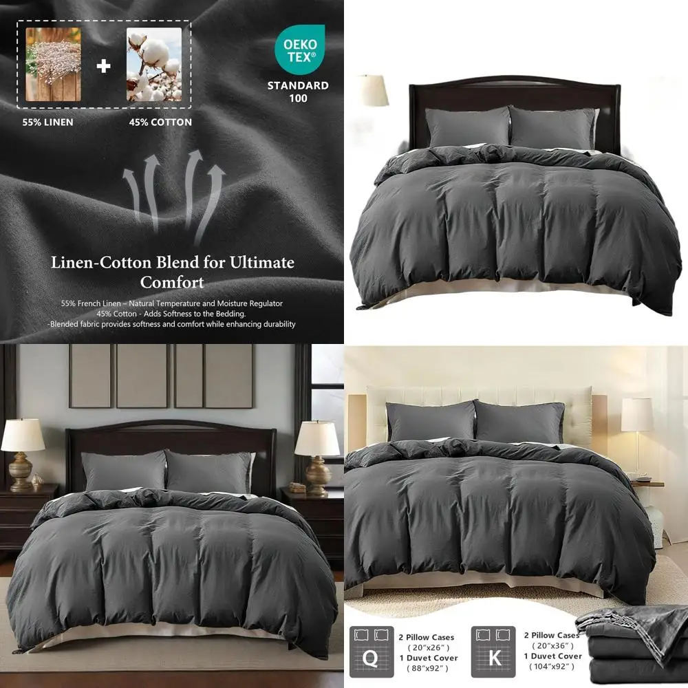 

Queen Size Flax Linen Duvet Cover Set - 1 Cover & 2 Pillowcases, Natural Cotton Blend, Dark Grey, 88x92