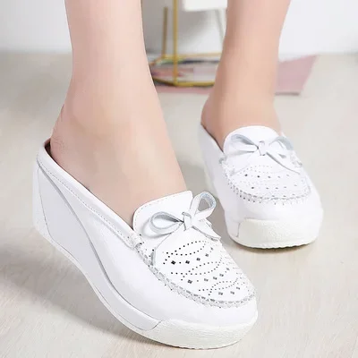 BEYARNE Summer Cow Leather Casual Woman Sandals Handmade Soft Wedges Shoes Closed Toe Non-Slip Breathable Sandals