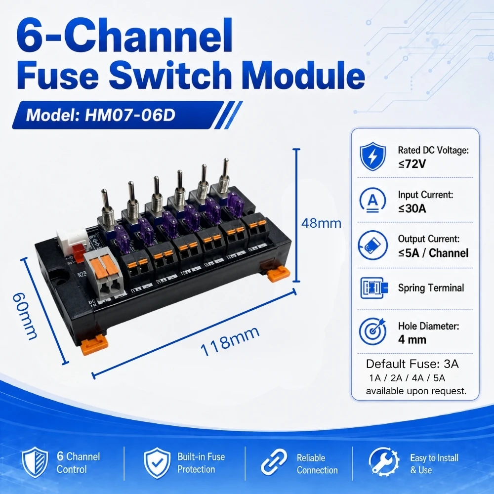 2/4/6/8/12/16-Kanal DC-Kippschalter-Stromverteilermodul mit Federanschluss, Sicherung und LED-Anzeige pro Kanal