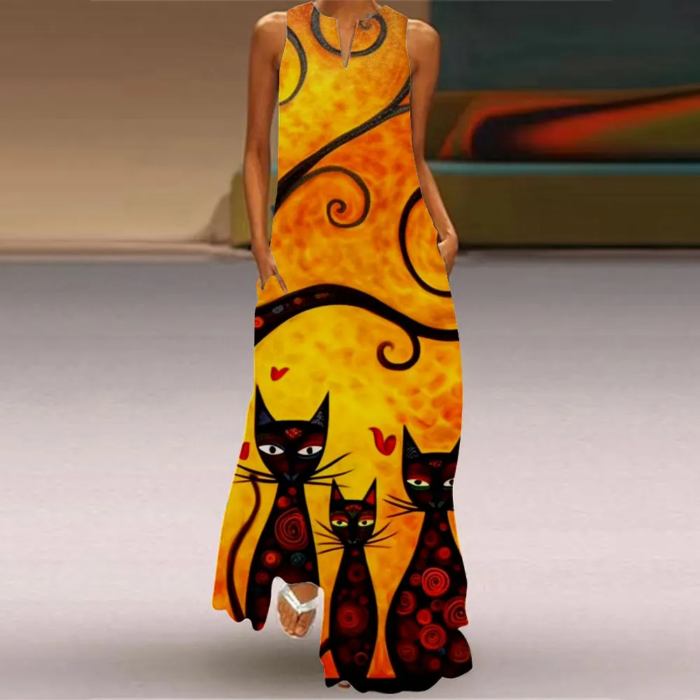 2024 New Fashion Women's Summer Casual Dress Fun Painting Cat Print Party Dress Sexy V-Neck Sleeveless Women's Vest Dress