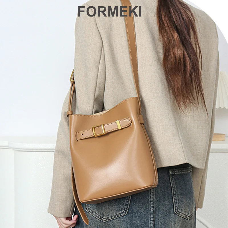 

Formeki Real Leather Bag Ins Fashion Luxury Design Bucket Tote Bag Retro Shoulder Bag For Women