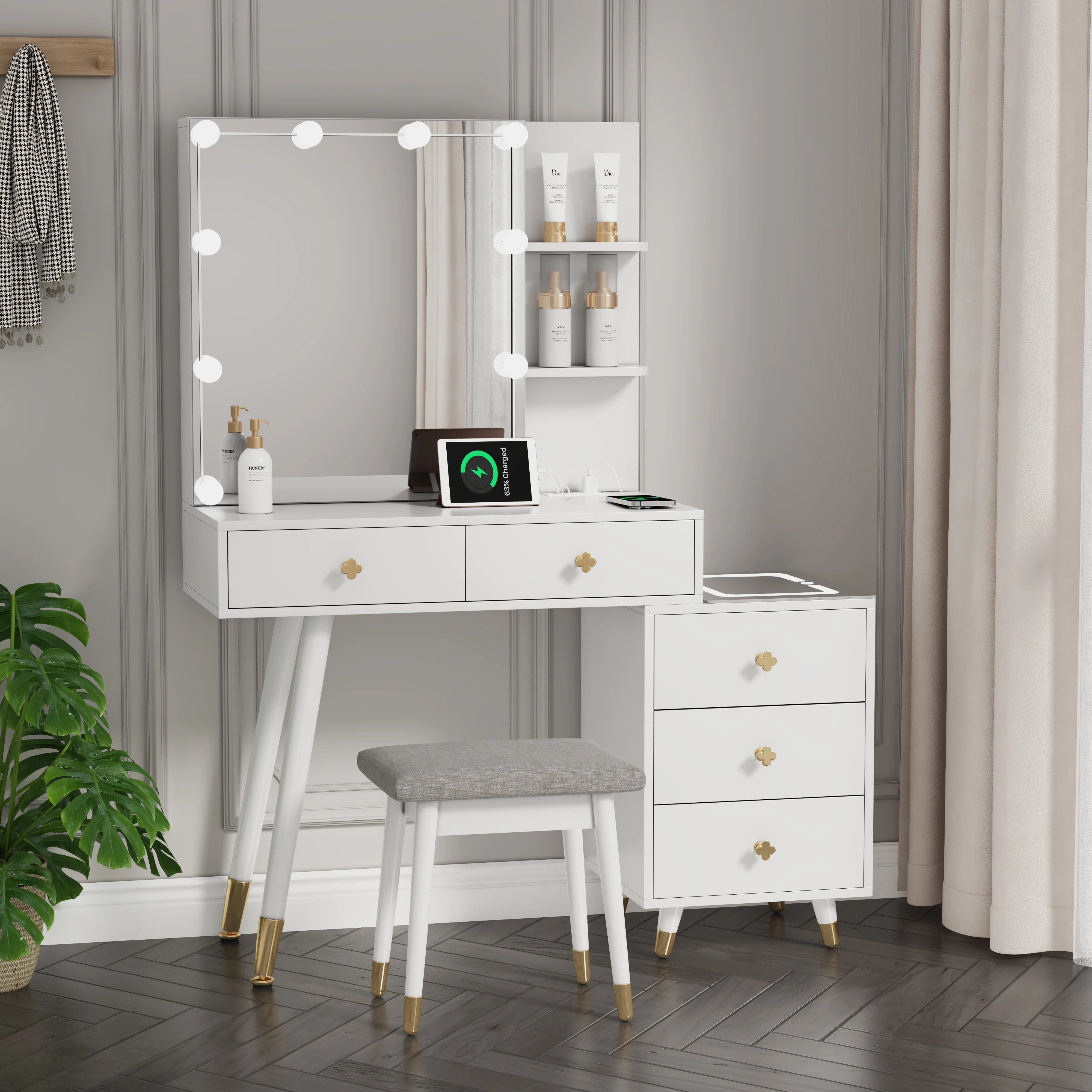 5 Drawers, 2-Layer Shelf, Mirror Cabinet With Strips, Led Three-Tone Lighting Panel, Three-Tone Lighting