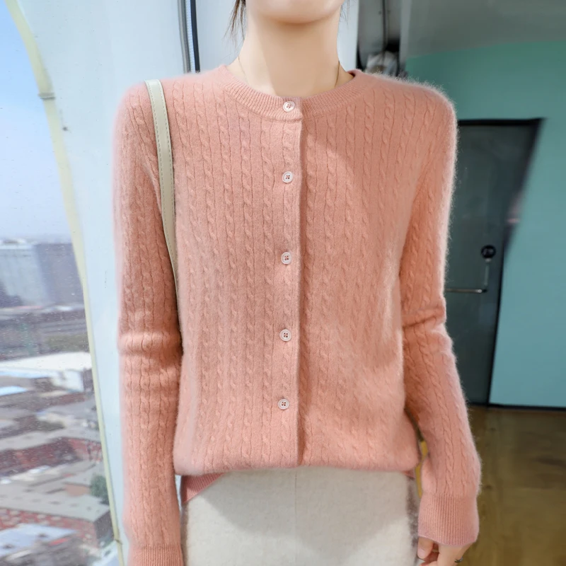 Autumn Winter 100% Merino Wool Sweater Women Cashmere O-neck Cardigan Long Sleeve Twist Knitwear Female Bottoming Soft Clothes