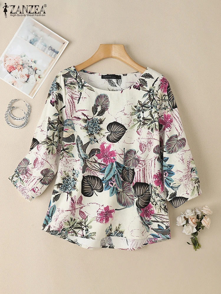 ZANZEA 2025 Camicia di cotone allentata autunno Camicetta floreale bohemien da donna Top con maniche a 3/4 vintage Tunica casual Moda Top Blusas