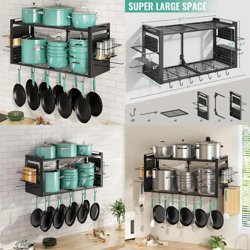 

2-Tier Wall-Mounted Pot Rack with 20 Hooks, Pan Organizer, and Spice Rack, Heavy Duty Kitchen Cookware Hanger, Black