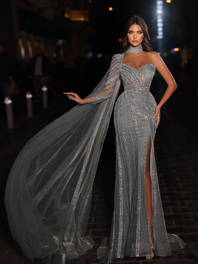 Gray Mermaid Evening Dresses One Long Sleeve V Neck Halter Cape Sequins Beaded Appliques 3D Lace Slit Prom Dresses Custom Made