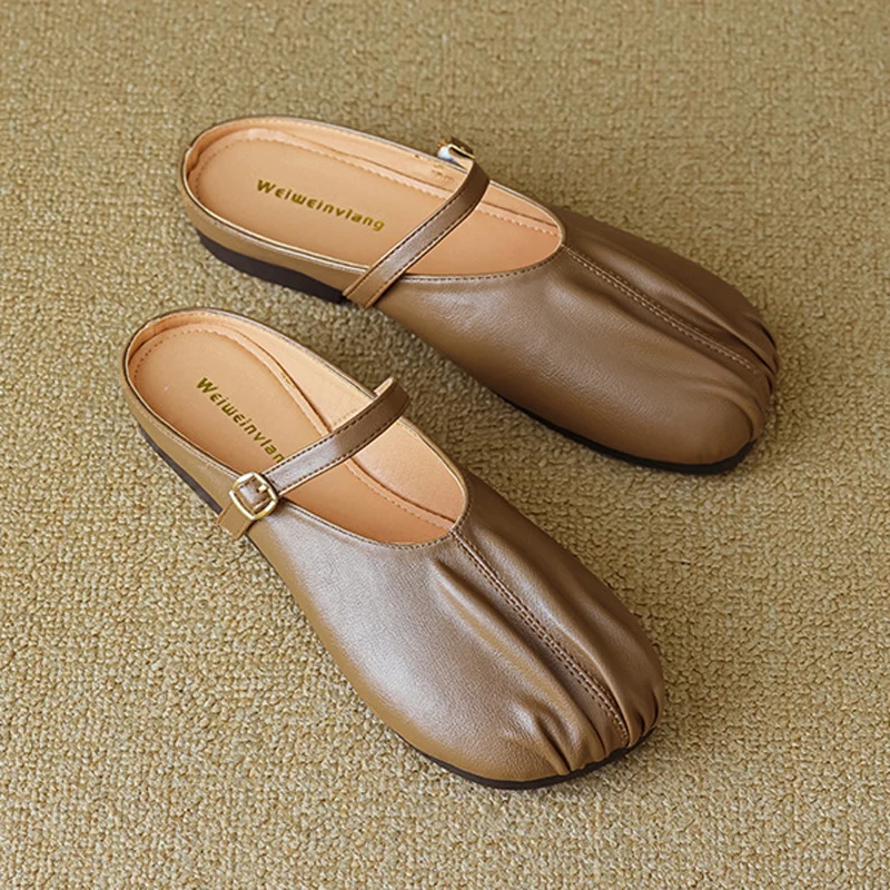 

Flats Mules Women Shoes Pleated Closed Toe Slippers Slip on Shallow Sandals Vintage Flat Slides Big Size Apricot Khaki Brown