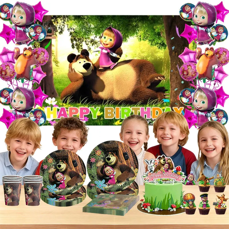 Mascha und der Bär Geburtstagsdekoration Tischgeschirr Becher Teller Tischdecke Ballon Banner Hintergrund Geschenktüten für Kinderparty-Zubehör – Detail 3