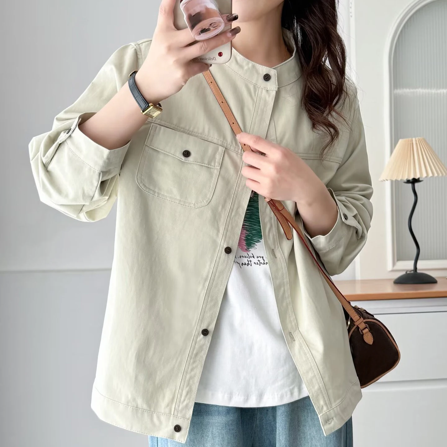 

Fashion Plus Size Women's Jacket Autumn Stylish Stand Collar Long Sleeve Washed Cotton Temperament Commuting Coat 2173