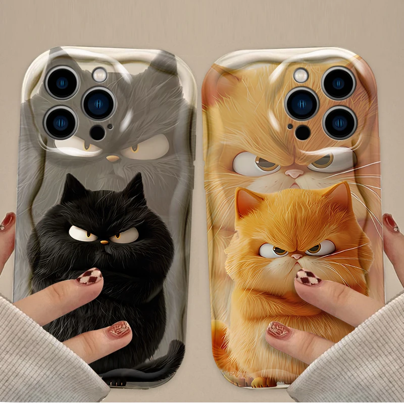 Süße lustige schwarze orangefarbene Katze 3D-Wellenhülle für iPhone 16 15 14 13 12 11 Pro Max X XR XS 8 7 Plus SE 2020 stoßfeste Silikonhülle