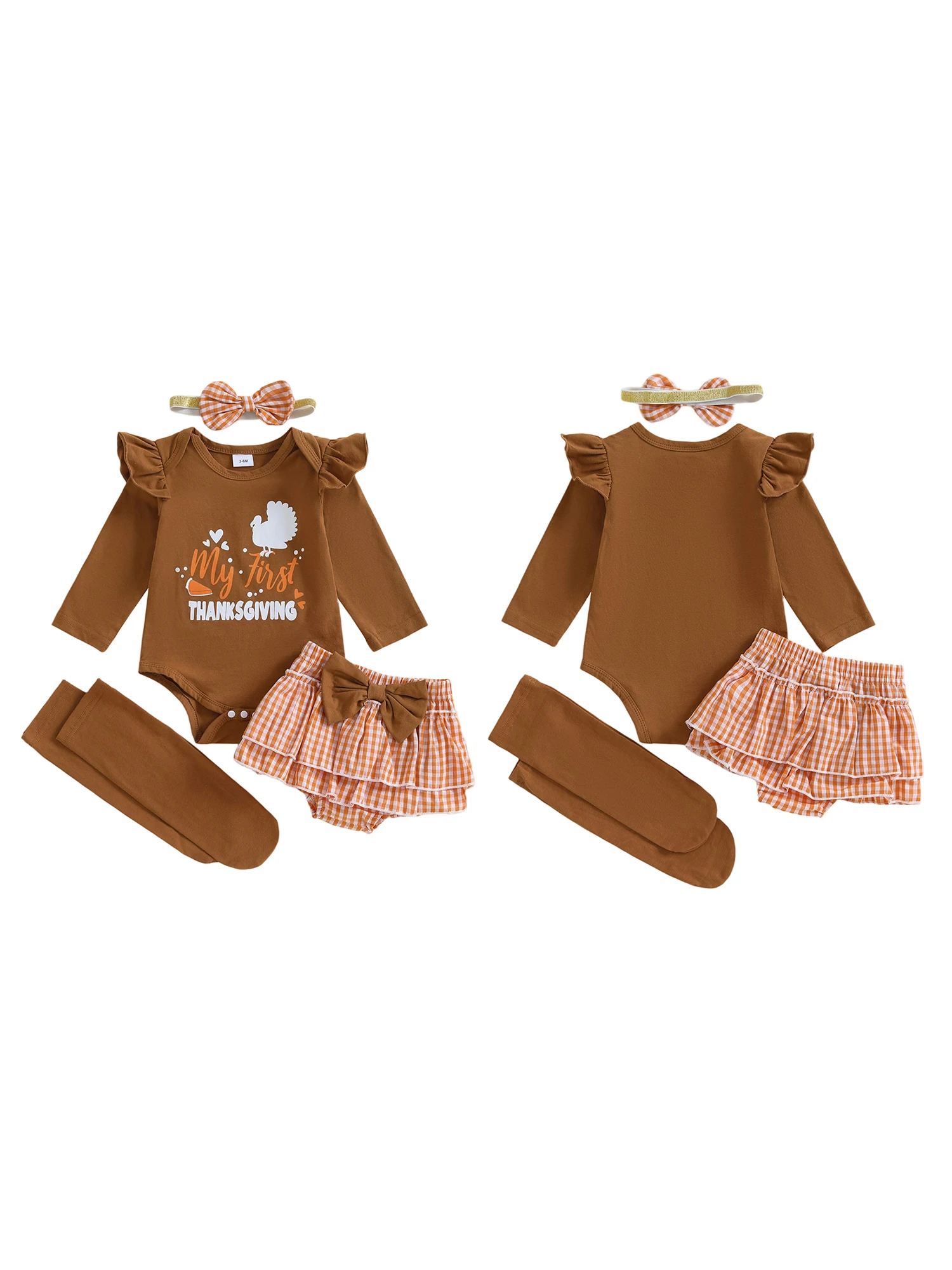 

Toddler Girl Outfit Set Autumn Leaves Print Long Sleeve Romper Plaid Skirt with Matching Headband and Tights for Thanksgiving