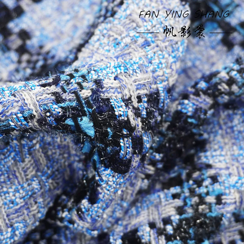 

Синяя клетчатая твидовая ткань с бахромой и блестящими цветами из шерстяной газели для пальто, ткани для шитья, ткань для кутюр, ткань для пошива, ткань для рукоделия