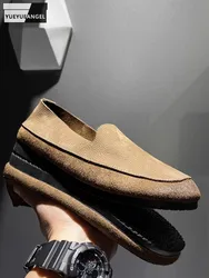 Mens Casual Antiskid Soft Platform Slip On Loafers Round Toe Low Cut Cowhide Genuine Leather Shoes Summer Comfortable Footwear