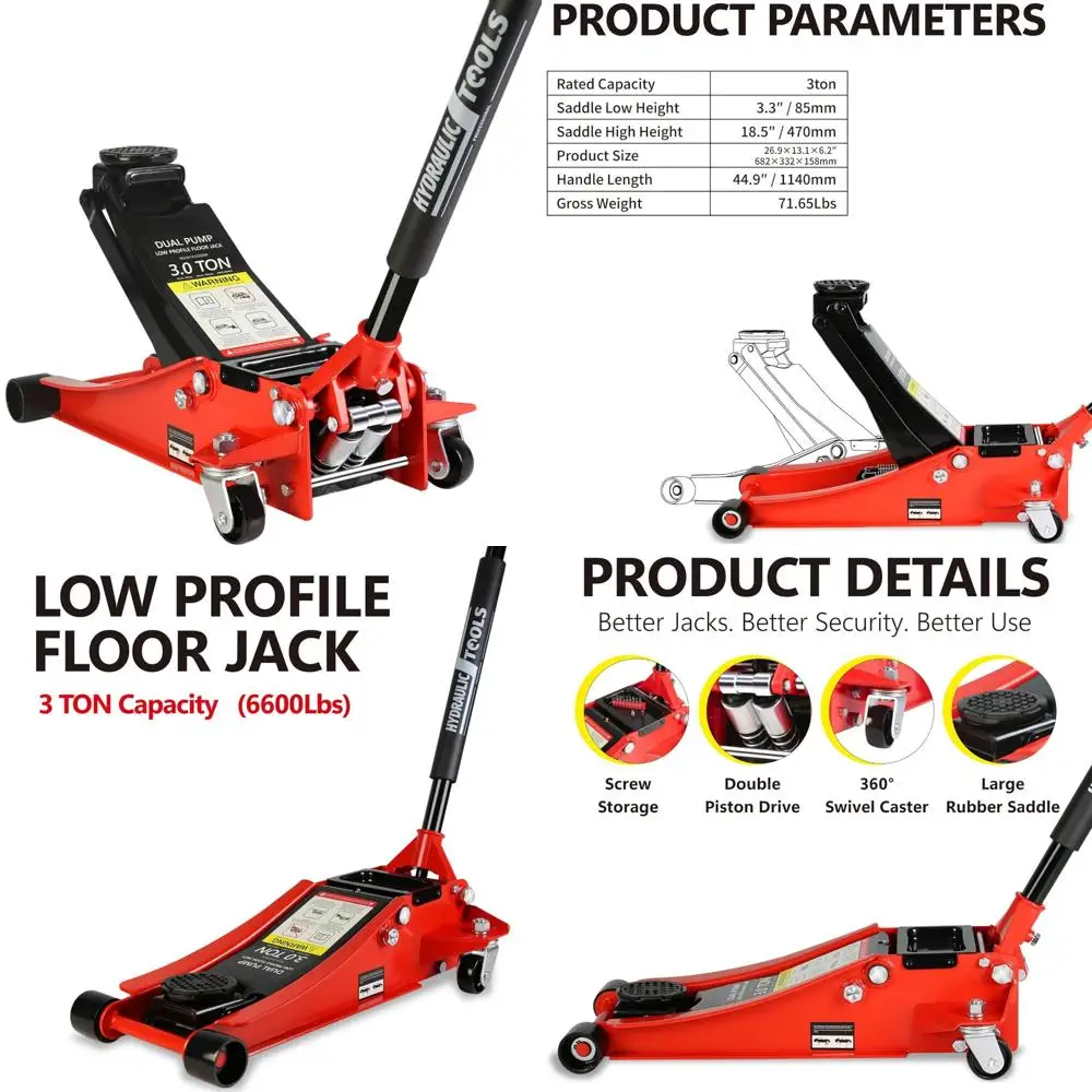 

3-Ton Capacity Hydraulic Low Profile Steel Floor Jack with Dual Piston Pump, Lifting Range 3.3 to 18.5 Inches, Quick Lift Techno