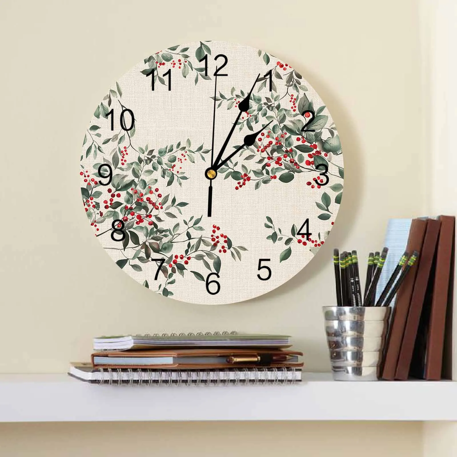 Berry Watercolor Beige Linen Background Wall Clock Large Modern Kitchen Dinning Round Wall Clocks Bedroom Silent Hanging Watch