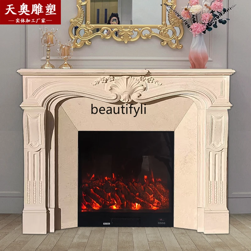 

Marble fireplace French retro living room decoration simple fireplace beige stone carving fireplace