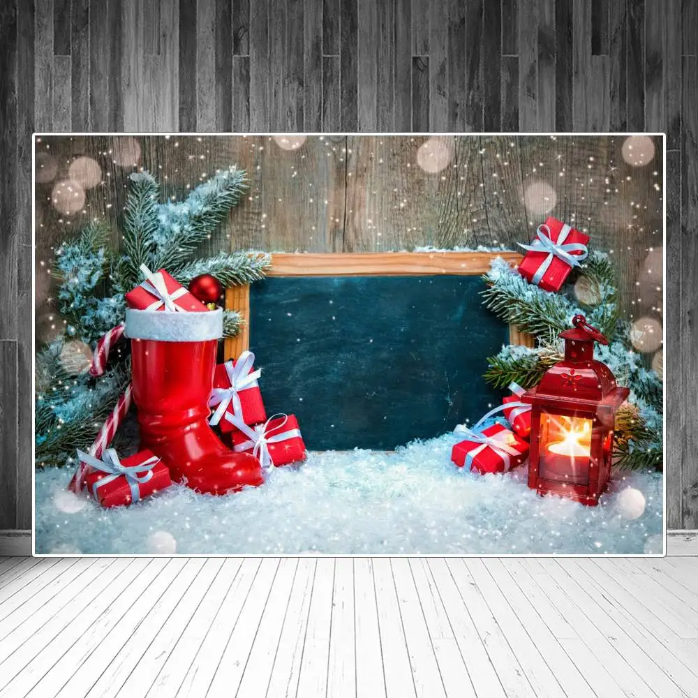 Christmas Boot Chalkboard Wooden Planks Photography Backgrounds Custom Snow Pine Gift Baby Party Decoration Photo Backdrops