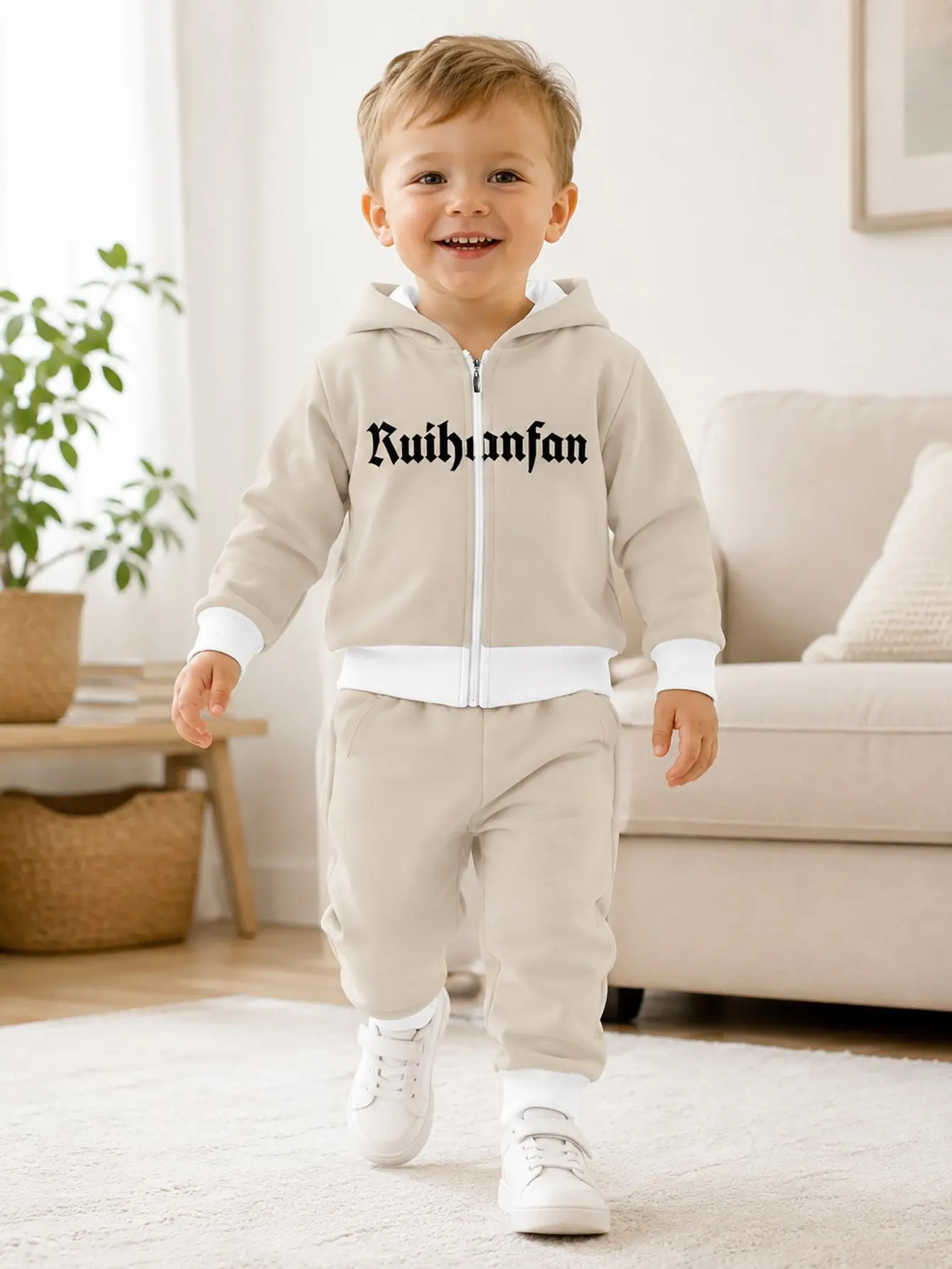 Hooded Zip Up Loose Sweatshirt Pants Set Spider Gothic Print Beige Long Sleeve Loose Fit Boys Fall Winter New Style Trendy Styli