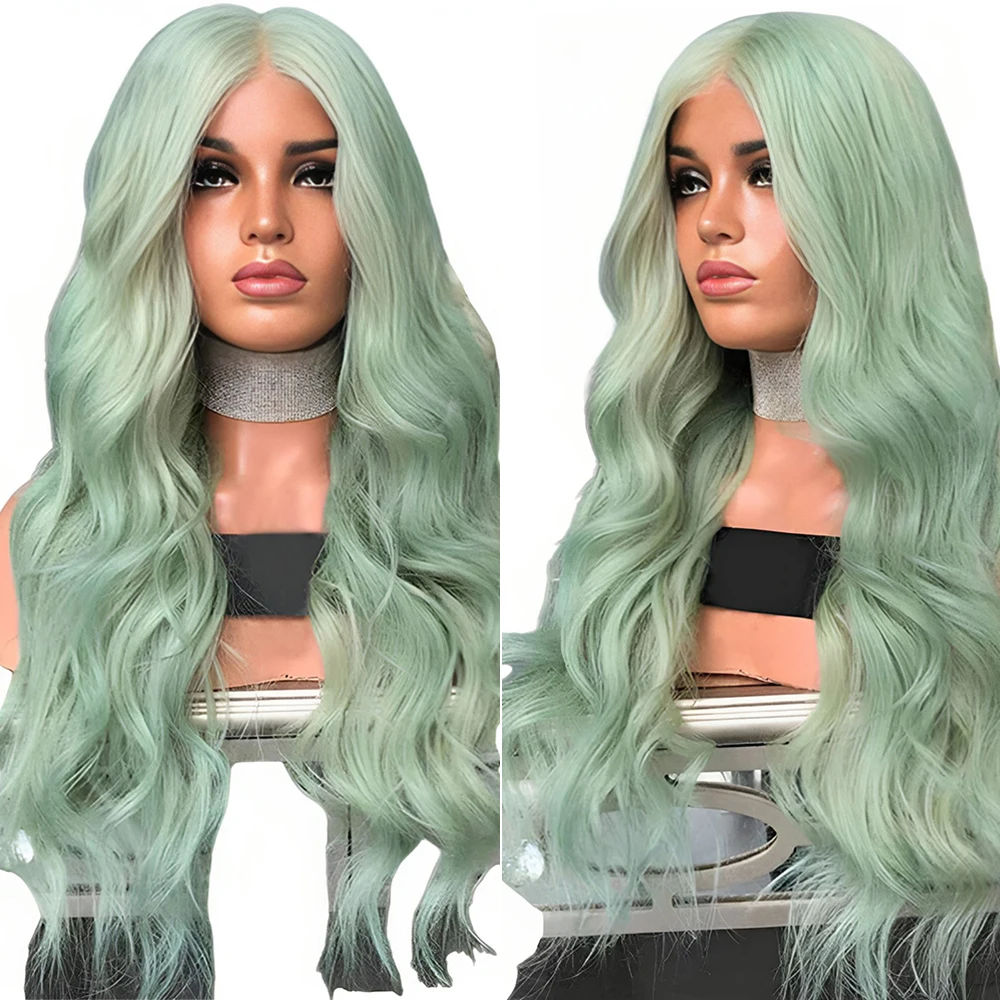 Long Deep Wave Synthetic Wig Light Green Lace Front Wigs for Black Women Heat Resistant Fashion Party Cosplay Synthetic Wig