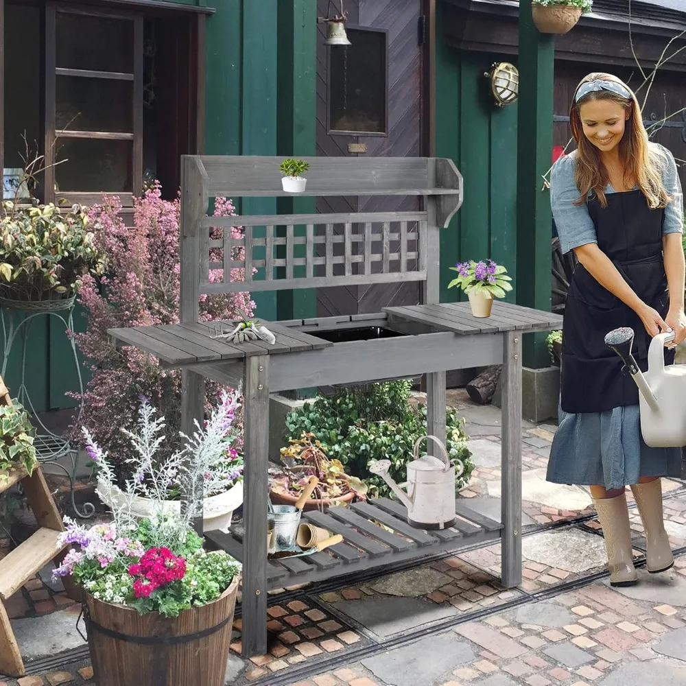 Outdoor Potting Bench Table, Wooden Workstation with Sliding Tabletop, Storage Shelf and Dry Sink, Customized