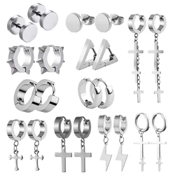 11 Pairs Stainless Steel Hoop Earrings Punk Steel-color For Men Women Street Hip Hop Pop Piercing Fake Earrings Unisex Jewelry