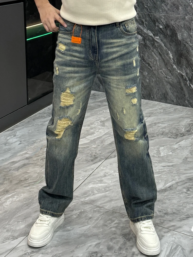 

Spring Trendy Men's Loose Straight Leg Jeans Fashionable Worn out High Street Style Youthful Casual Straight Jeans