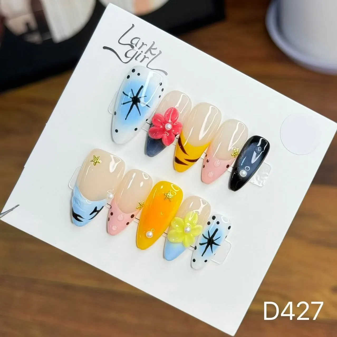 

10 шт., ручная работа, накладные ногти, ручная роспись, 3D цветок, средний миндаль, акриловые ногти, летние каникулы, накладные ногти Y2k, французские кончики ногтей