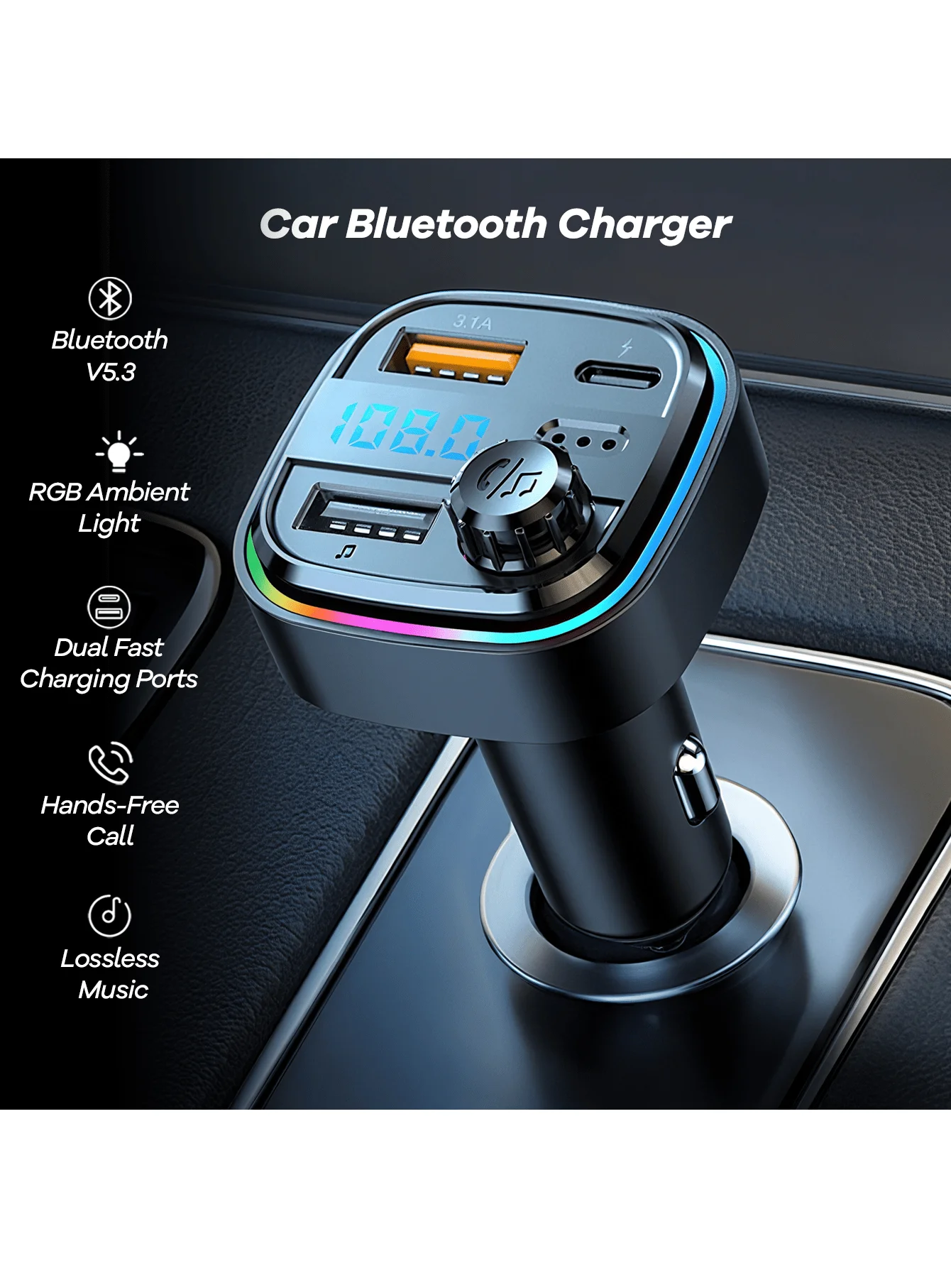 Car Bluetooth 5.3 FM Transmitter With Dual 3.1A USB Ports, RGB Ambient Lighting, Hands-Free Calling, TF Card, MP3, PD 25W Fast