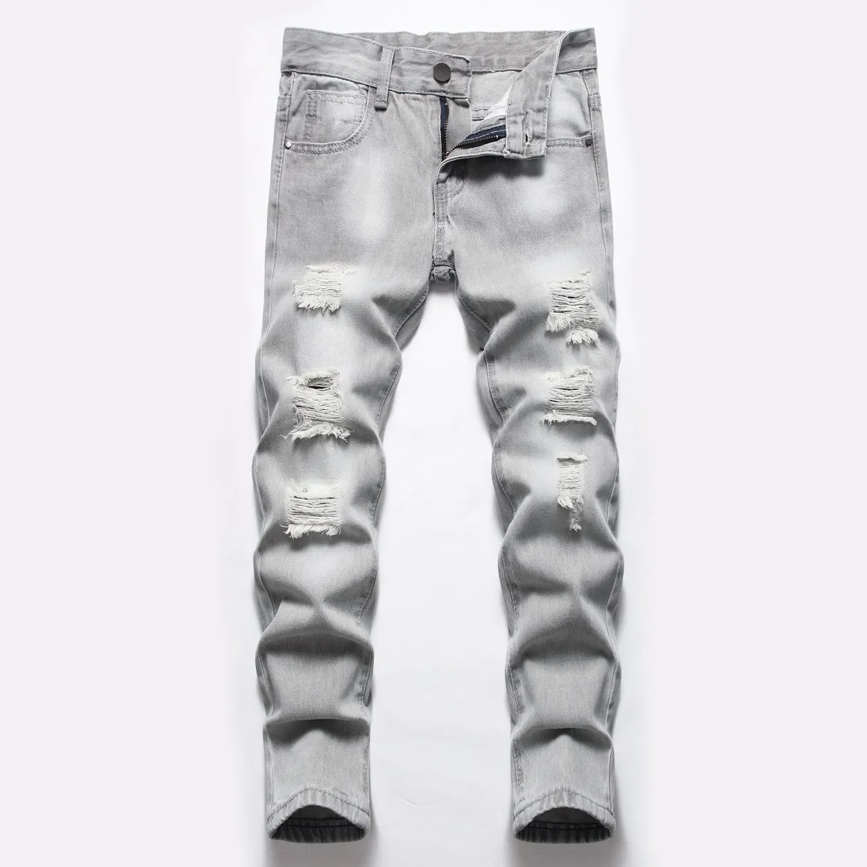 

Men Jeans Boys Straight Ripped Children Washed Distressed Pockets Casual Denim Trousers Big Kids Streetwear 2025 Hole Pants