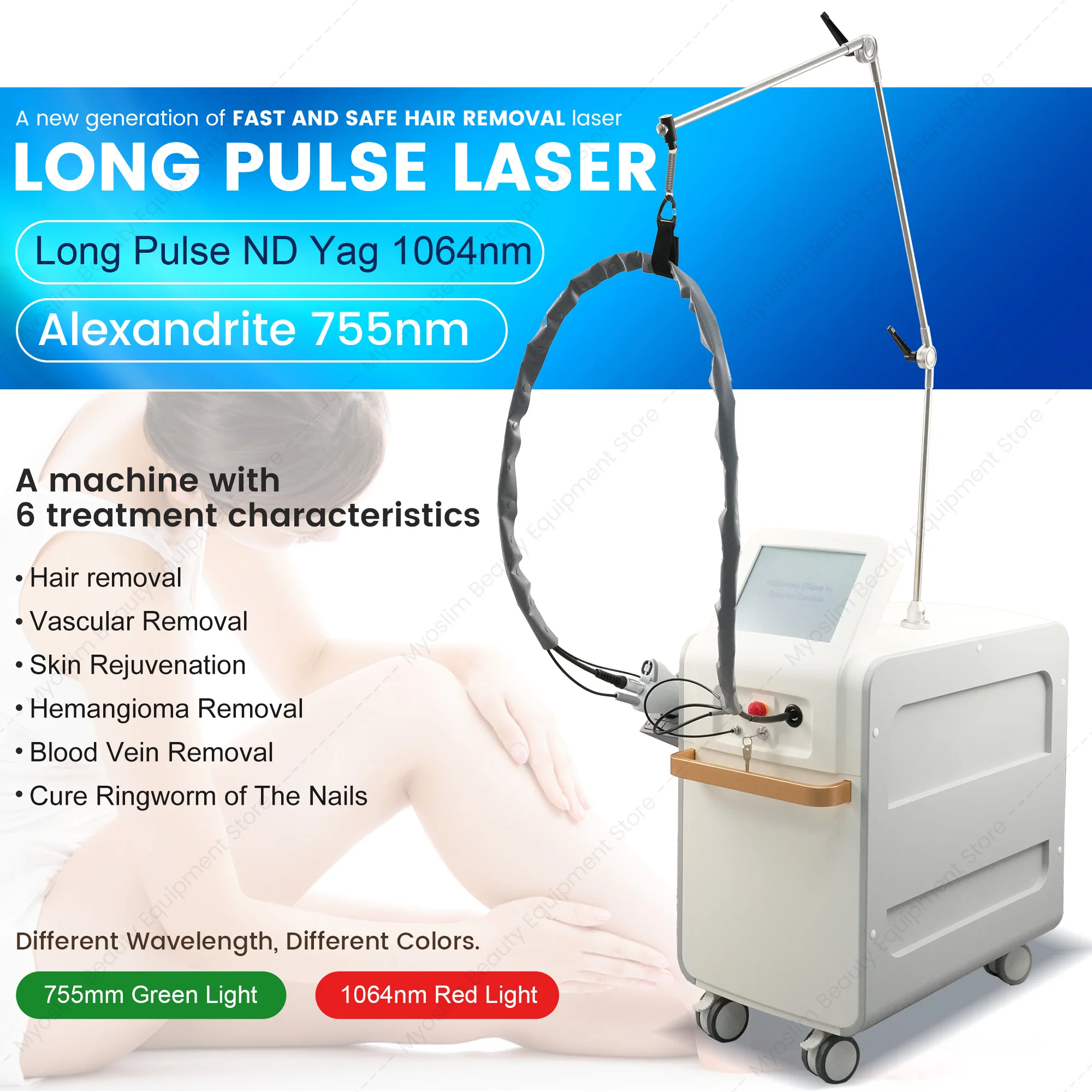 High Power Beauty Trolley Machine Dual Wavelength Long Pulse Device All Skin Types Whole Body Hair Reduction Equipment