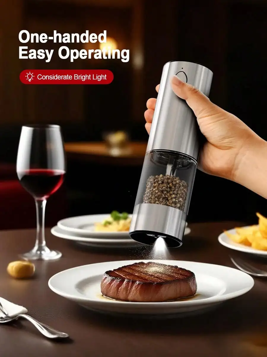 2 Pack Electric Salt and Pepper Grinder Set, USB Rechargeable Automatic Grinder with LED Light, One Hand Operation Adjustable Coarseness, Stainless Steel Kitchen Gadget Gift