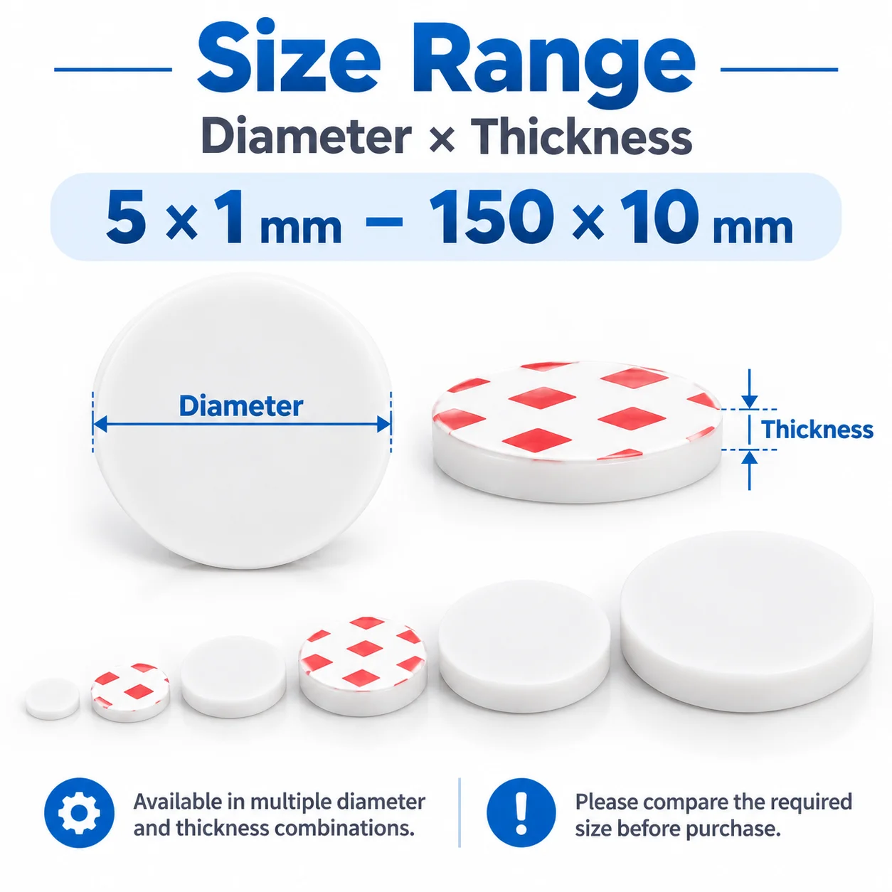 White Solid Round Adhesive Backed VMQ Silicone Rubber Sheet Seal Gaskets Pad Dia 5/6/7/8/9/10/15/20/25/30/35-150mm Thick 1-10mm