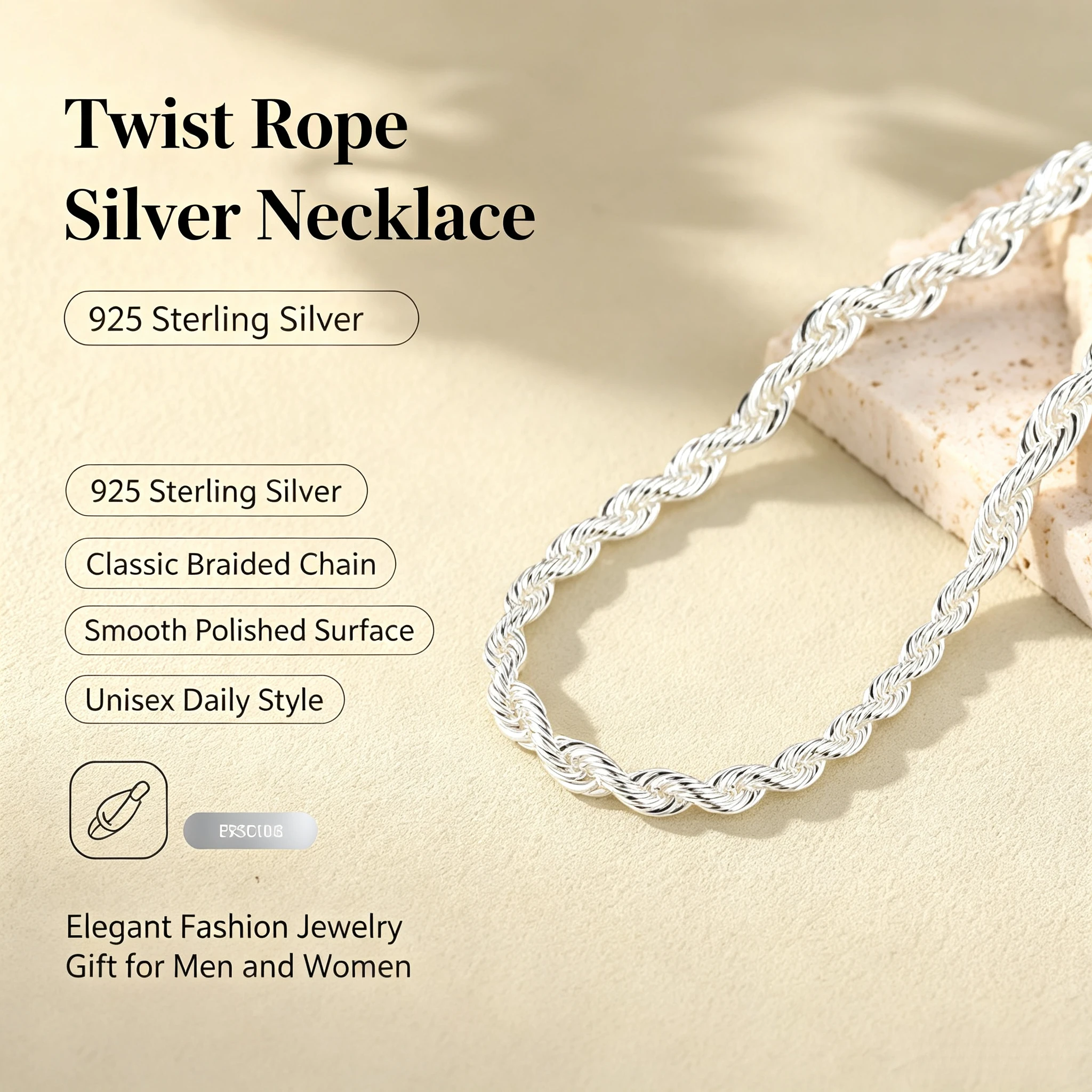 OUYADI 925 Sterling Silver Twist Rope Chain Necklace Classic Braided Chain Unisex Men Women Fashion Jewelry Gift