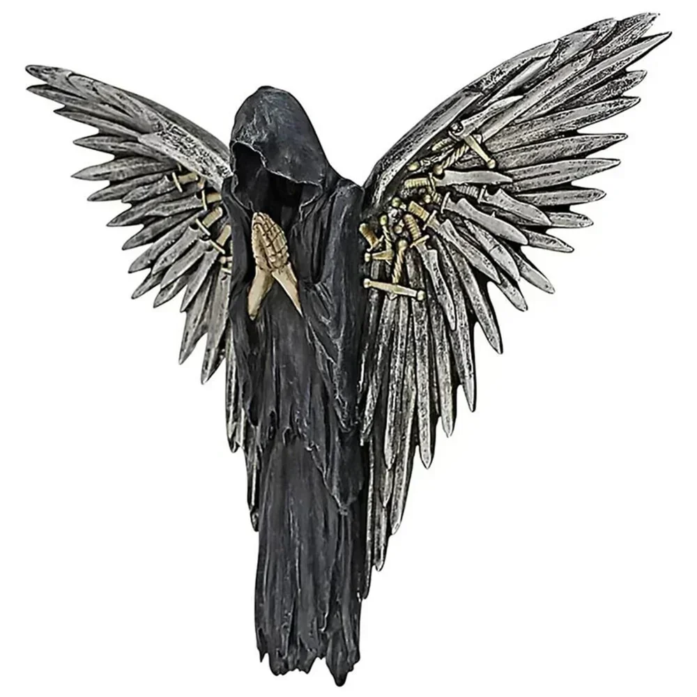 Soul Seizing Death Statue Fallen Angel Undead Skull Sickle Reaper Sculpture Crafts Dark Ritual Ornaments Black Robe God Figurine