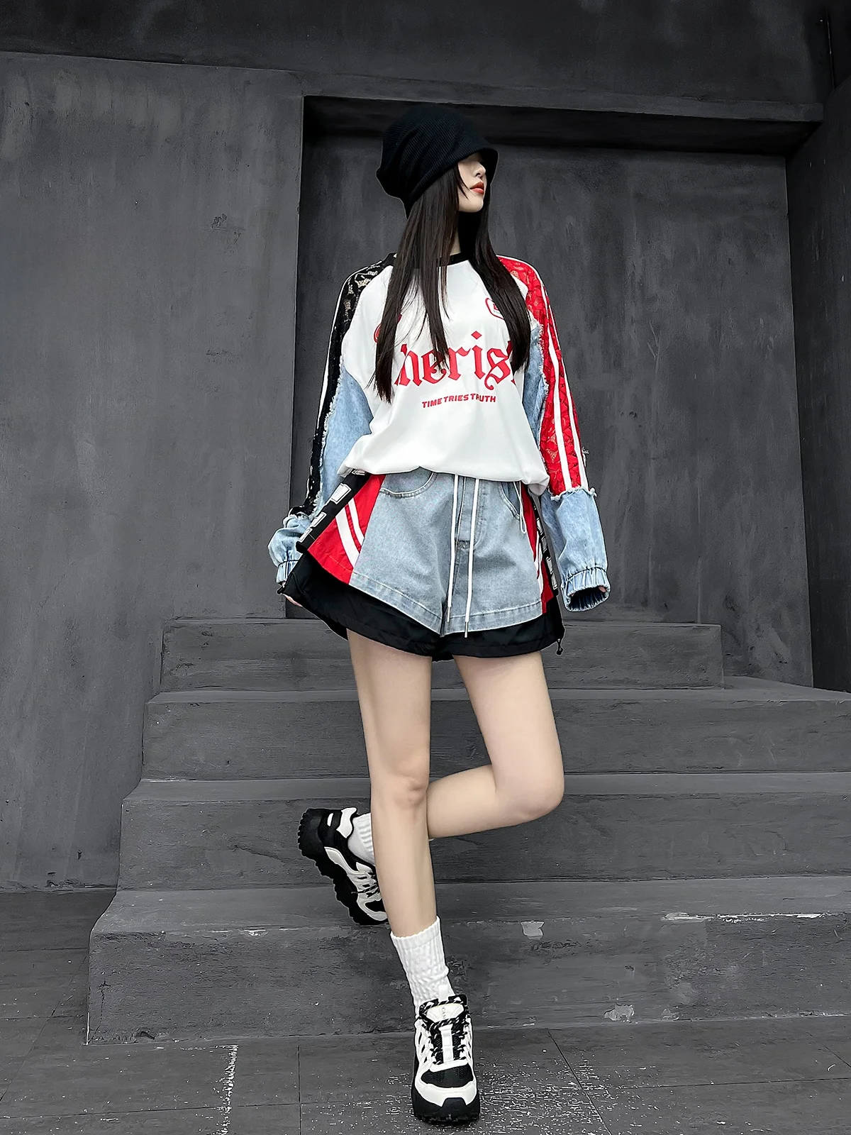 

Модный женский наряд M-Home Cool And Dync Long Sve Sweatirt And Denim orts Комплект из двух предметов Свободного покроя Street Sle