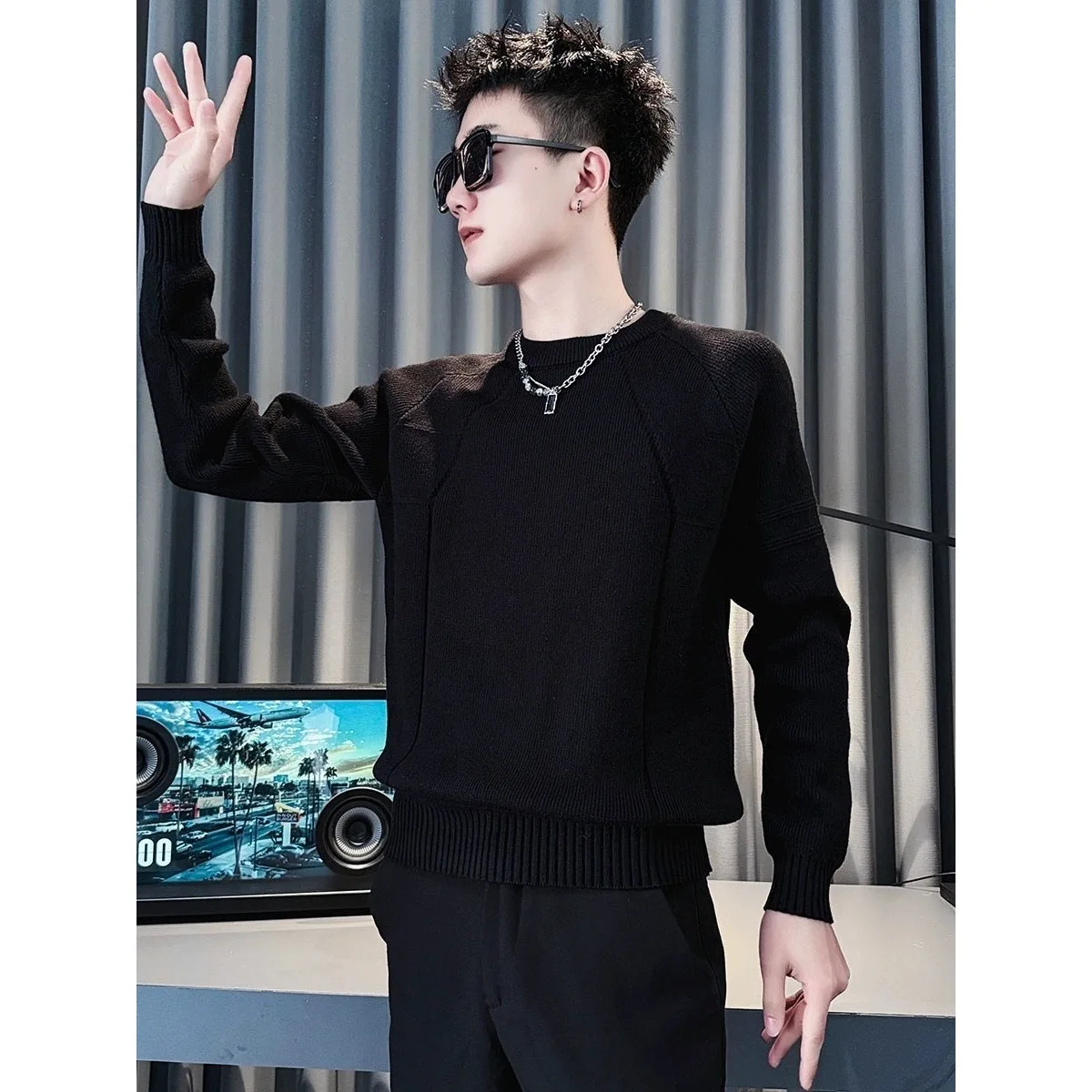 

Мужской повседневный однотонный трикотаж из мягкого полиэфирного волокна Long Sve round Ne Warm Thi Winter Faion Inner Wear Base irt